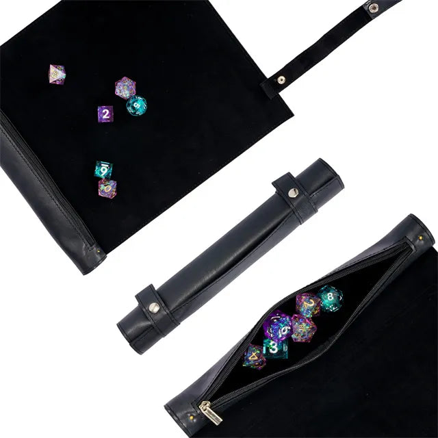 Black Faux Leather Dice Holder and Rolling Mat