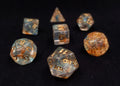 Luminous Koi Polyhedral Dice Set - Clear with Blue and Orange Swirls and micro glitter
