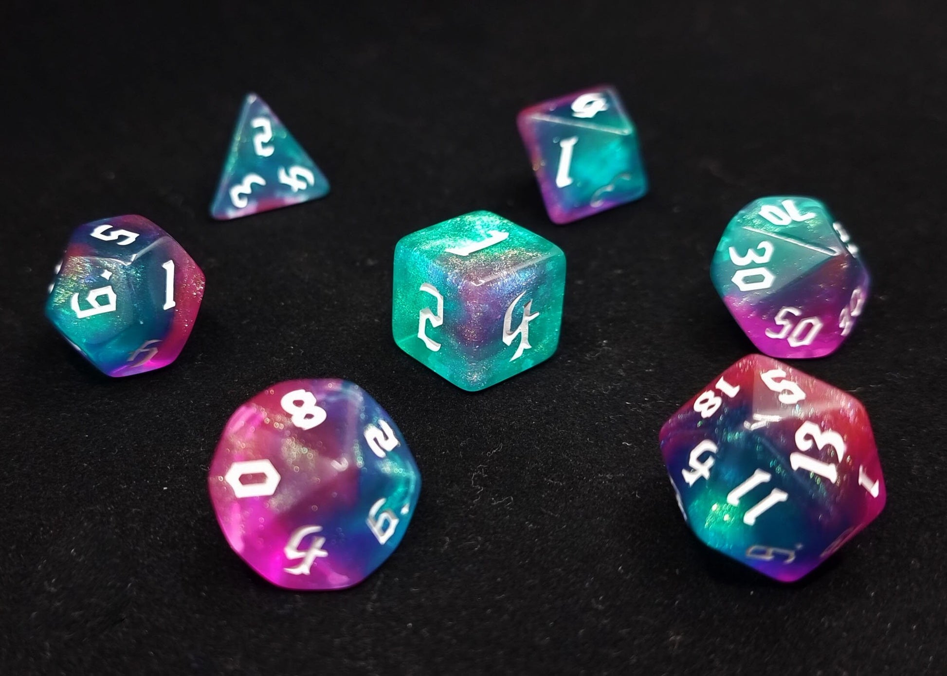 Magic Wand Polyhedral Dice Set - Green and Pink and Blue Translucent Swirl Dice with Micro Glitter and White Numbers