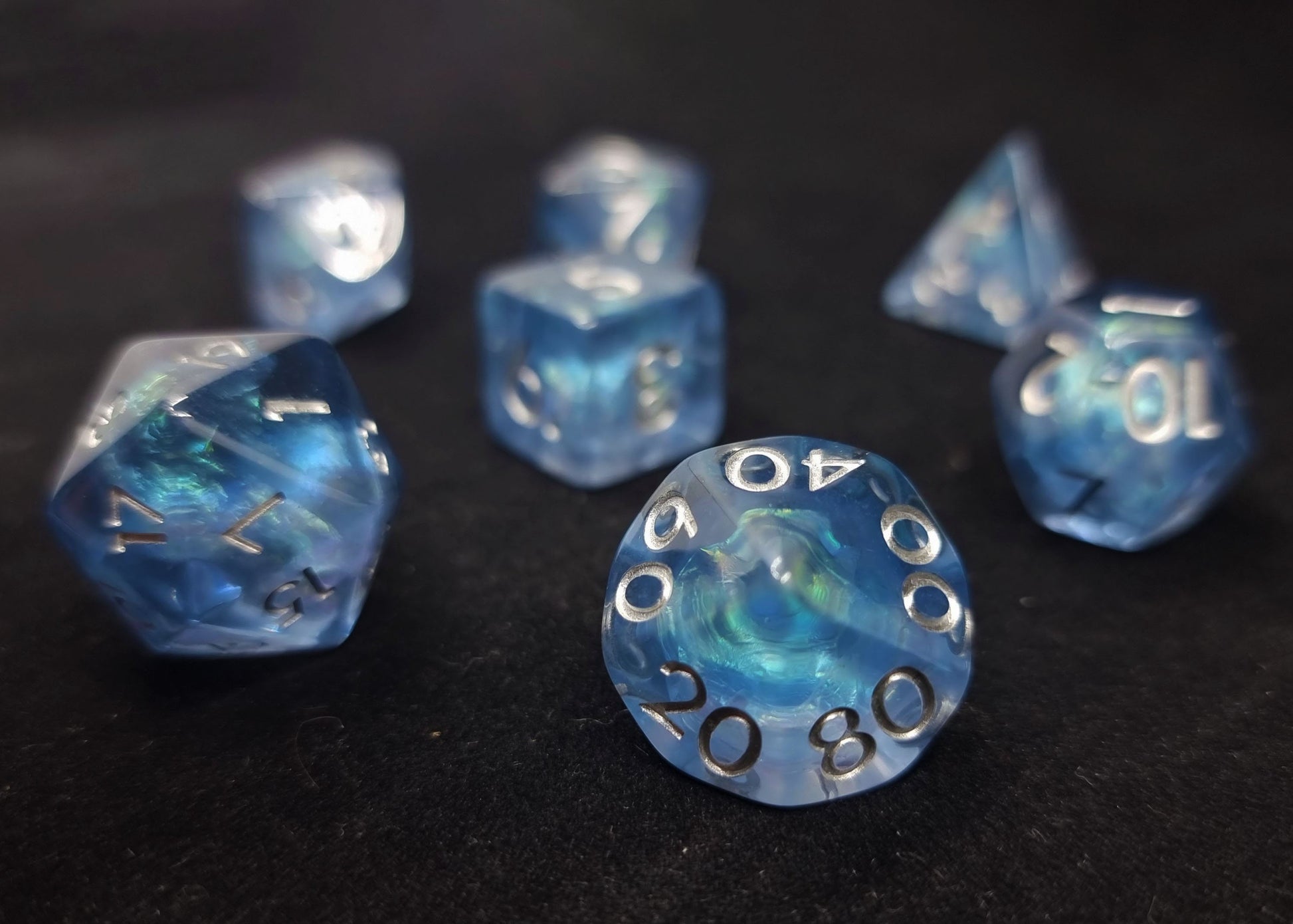 Glacial Ice Polyhedral Dice Set - Translucent Blue Grey with Iridescent Foil Core