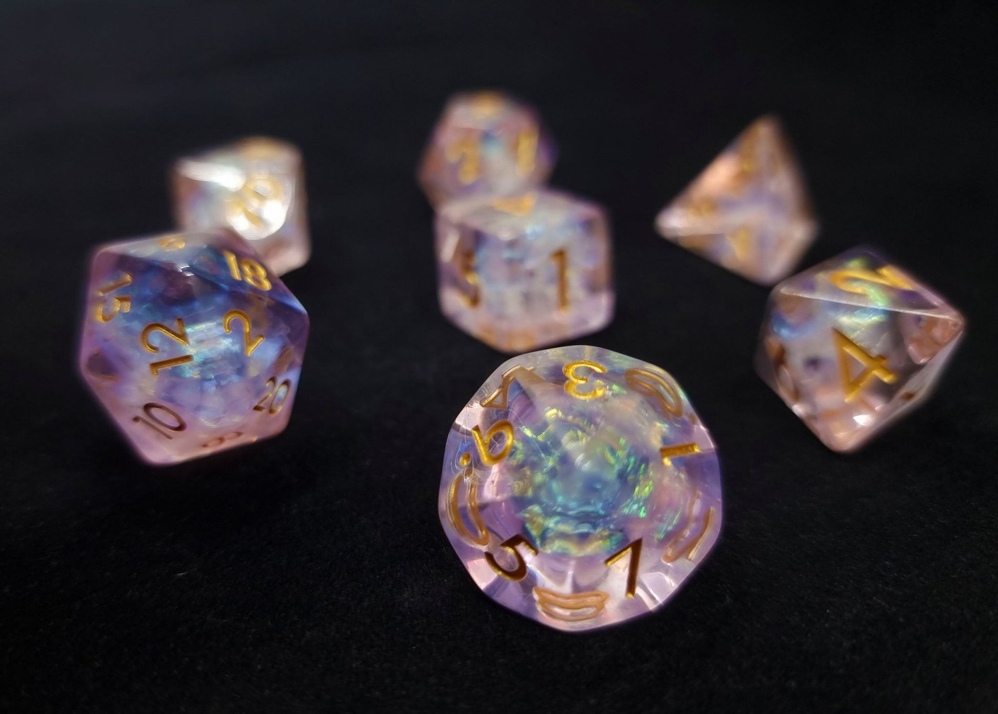 Glimmer of Hope Polyhedral Dice Set - Translucent Pale Pink Dice with Holographic Core and Gold Numbers