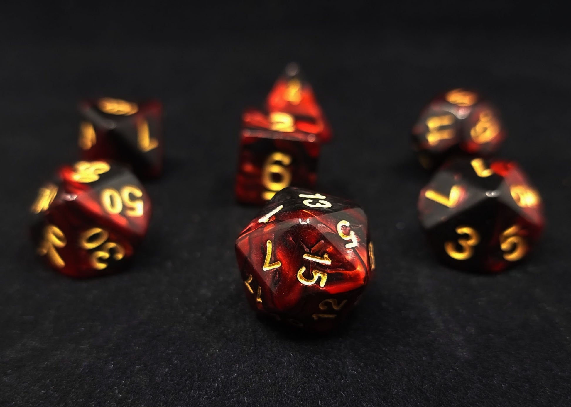 Brimstone Polyhedral Dice Set - Red and Black Marble with Gold Numbers