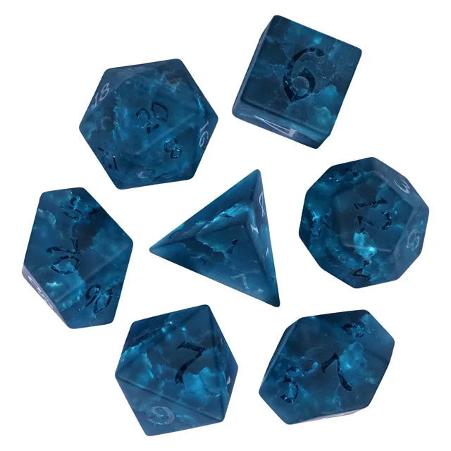 Blue Lightning Frosted Glass Polyhedral Dice Set