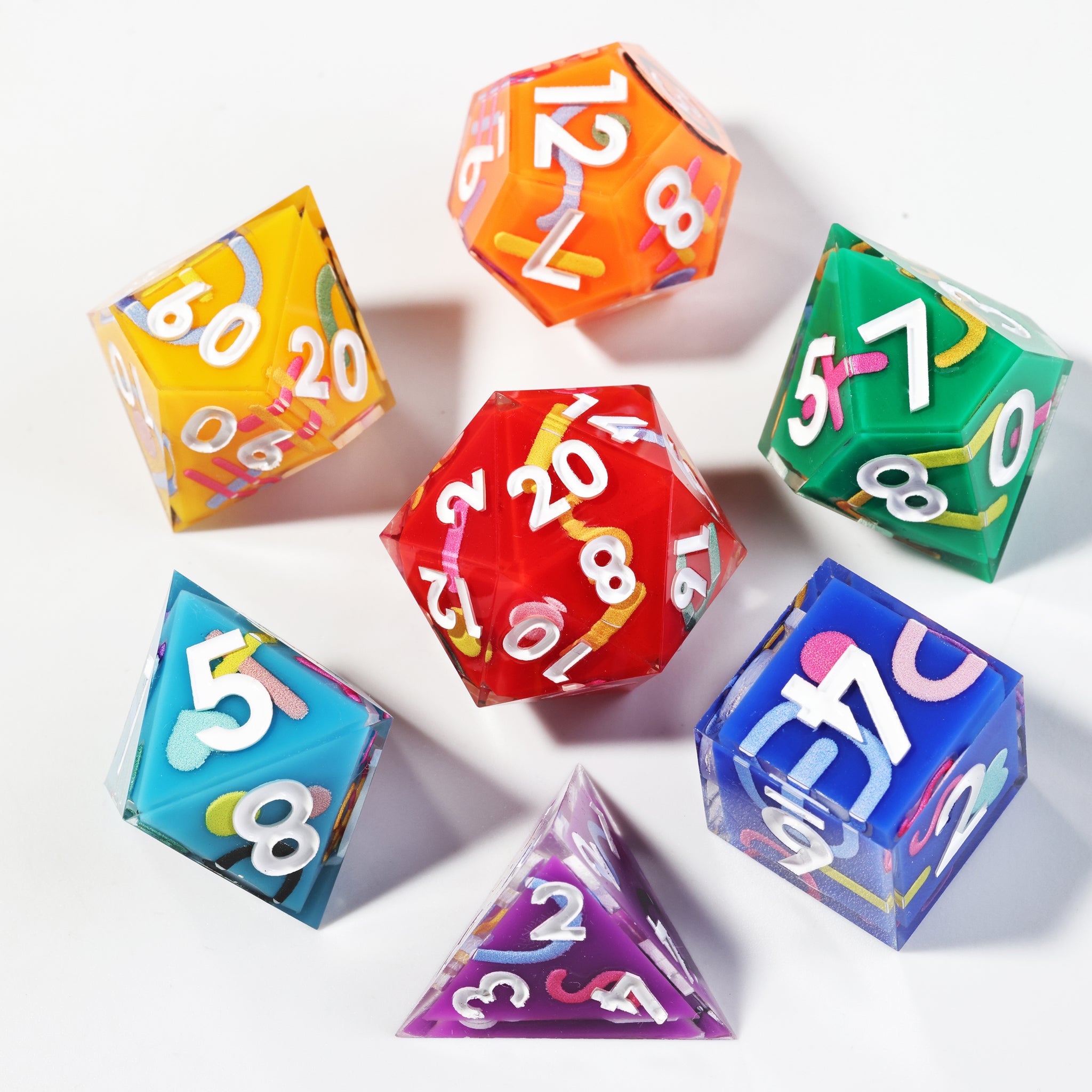 Over the Rainbow Sharp Edge Polyhedral Dice Set