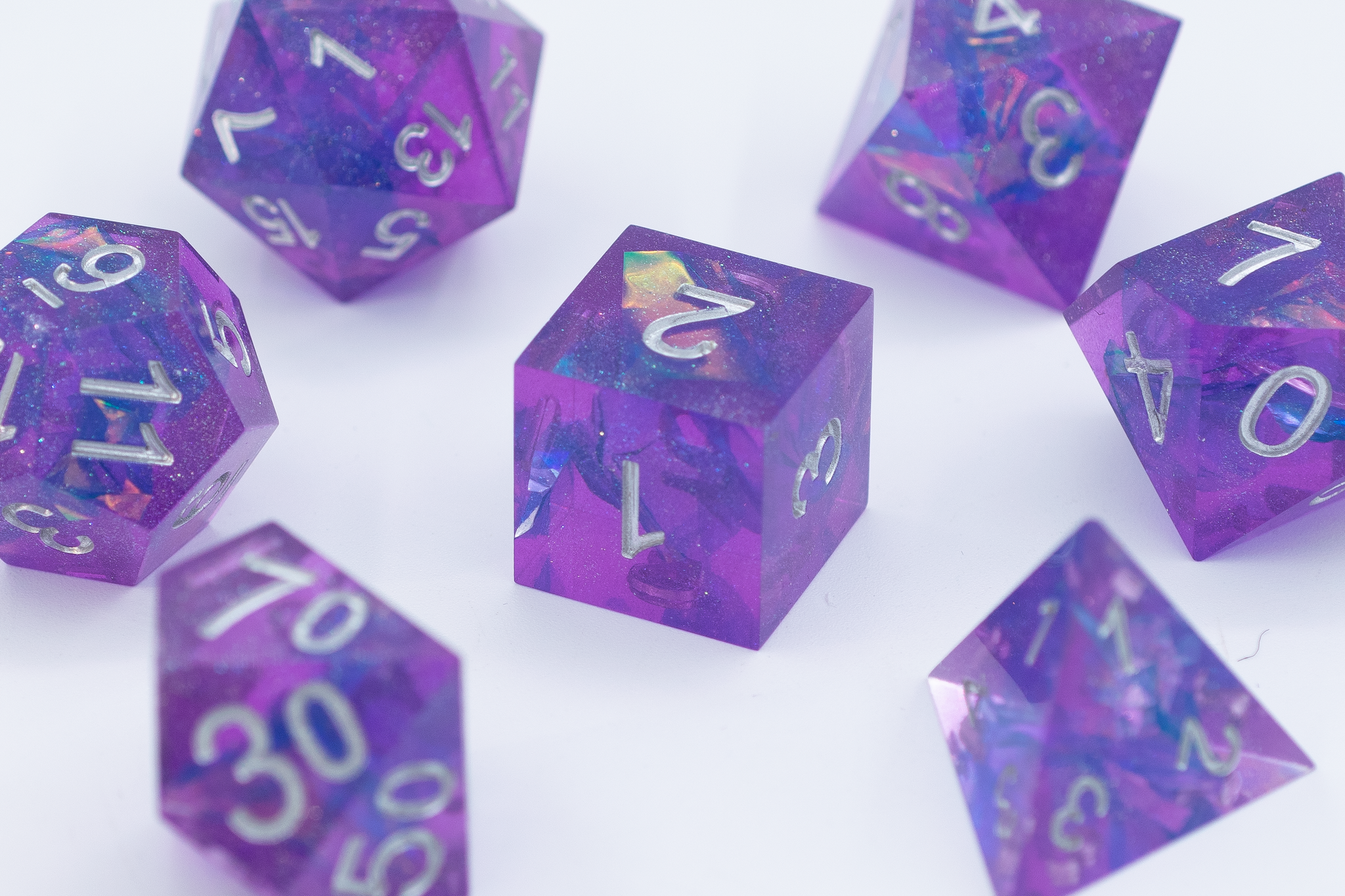 Purple Cosmos Sharp Edge Polyhedral Dice Set