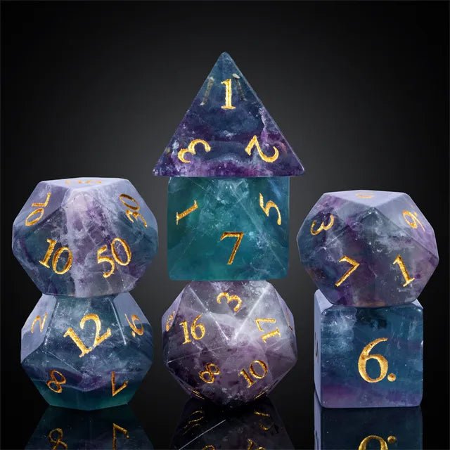 Amethyst Fluorite Crystal Gemstone Dnd Dice Set - Roll With Advantage