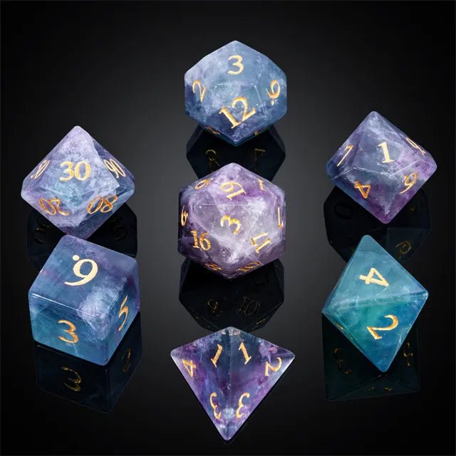 Amethyst Fluorite Crystal Gemstone Dnd Dice Set - Roll With Advantage