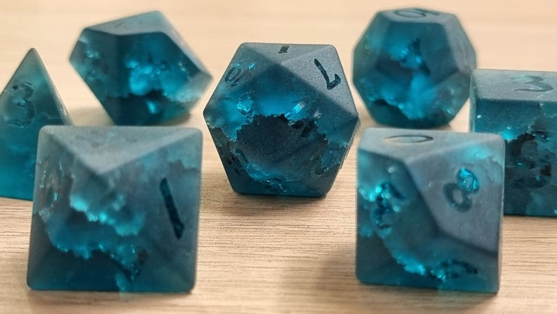 Blue Lightning Frosted Glass Dnd Dice Set - Roll With Advantage