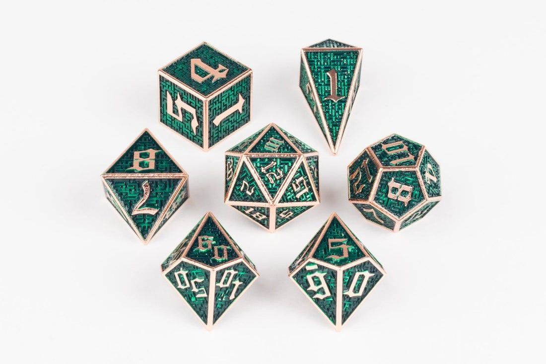 Labyrinth Green Gold Dnd Metal Dice Set - Roll With Advantage