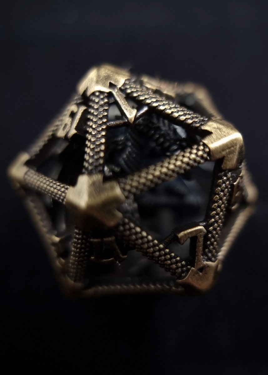 Ancient Brass Caged Dragon D20 Metal Dice - Roll With Advantage