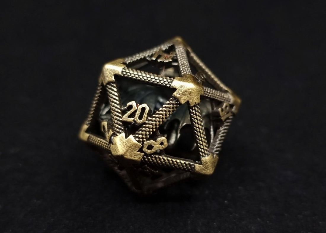 Ancient Brass Caged Dragon D20 Metal Dice - Roll With Advantage