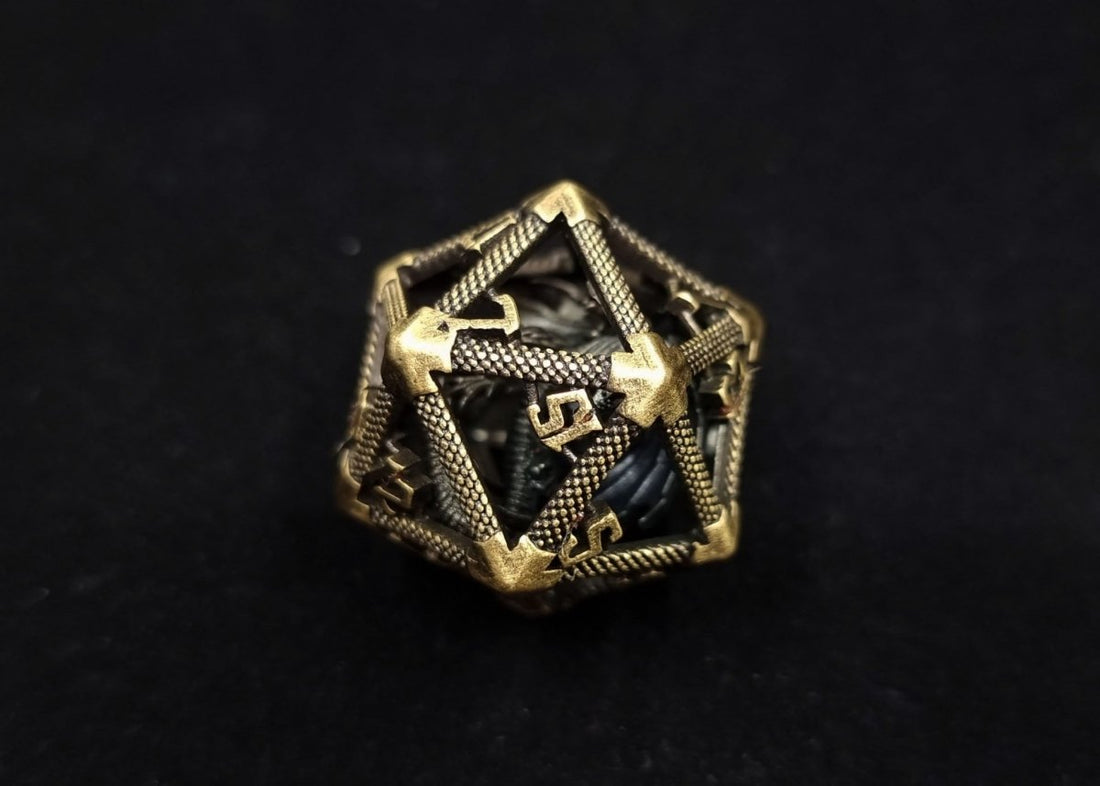 Ancient Brass Caged Dragon D20 Metal Dice - Roll With Advantage