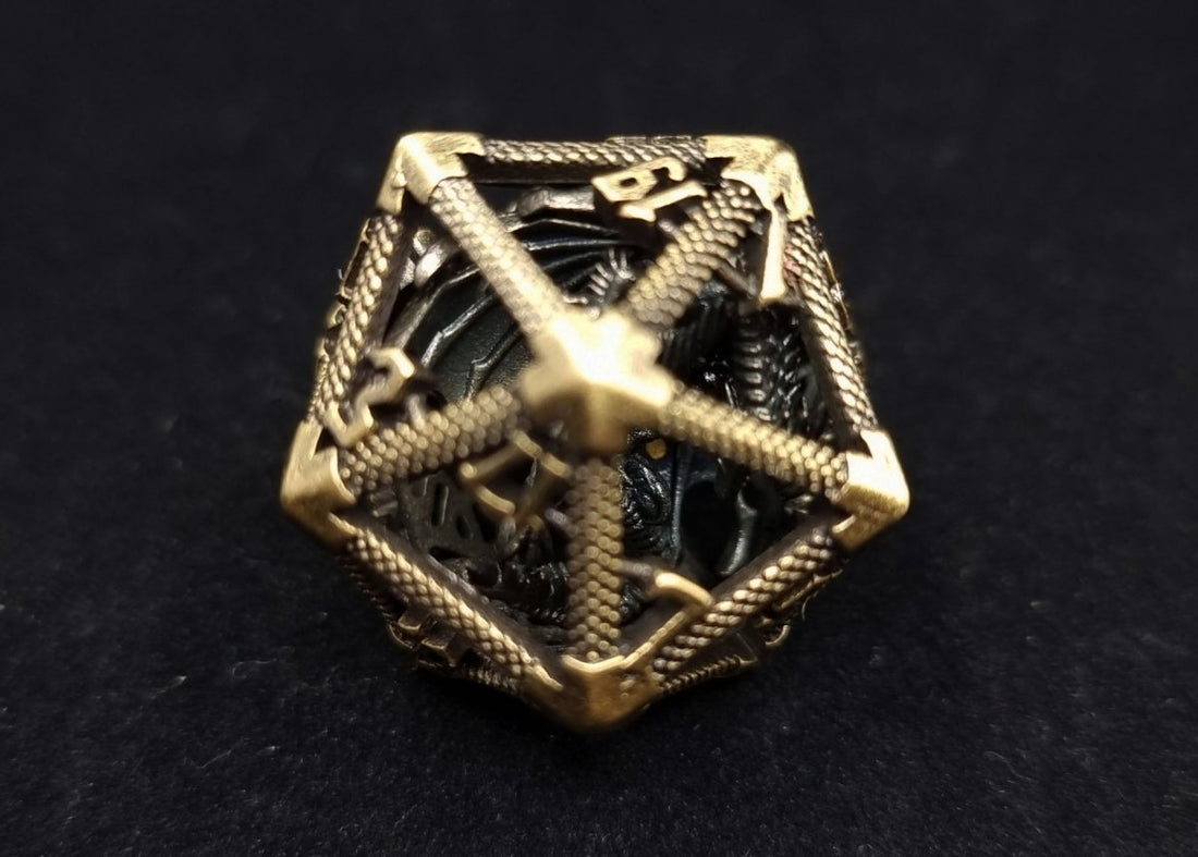 Ancient Brass Caged Dragon D20 Metal Dice - Roll With Advantage