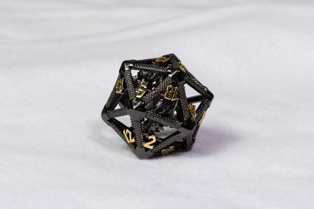 Black Golden Caged Dragon D20 Metal Dice - Roll With Advantage