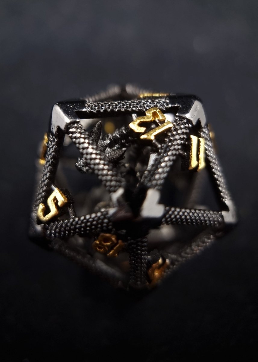 Black Golden Caged Dragon D20 Metal Dice - Roll With Advantage