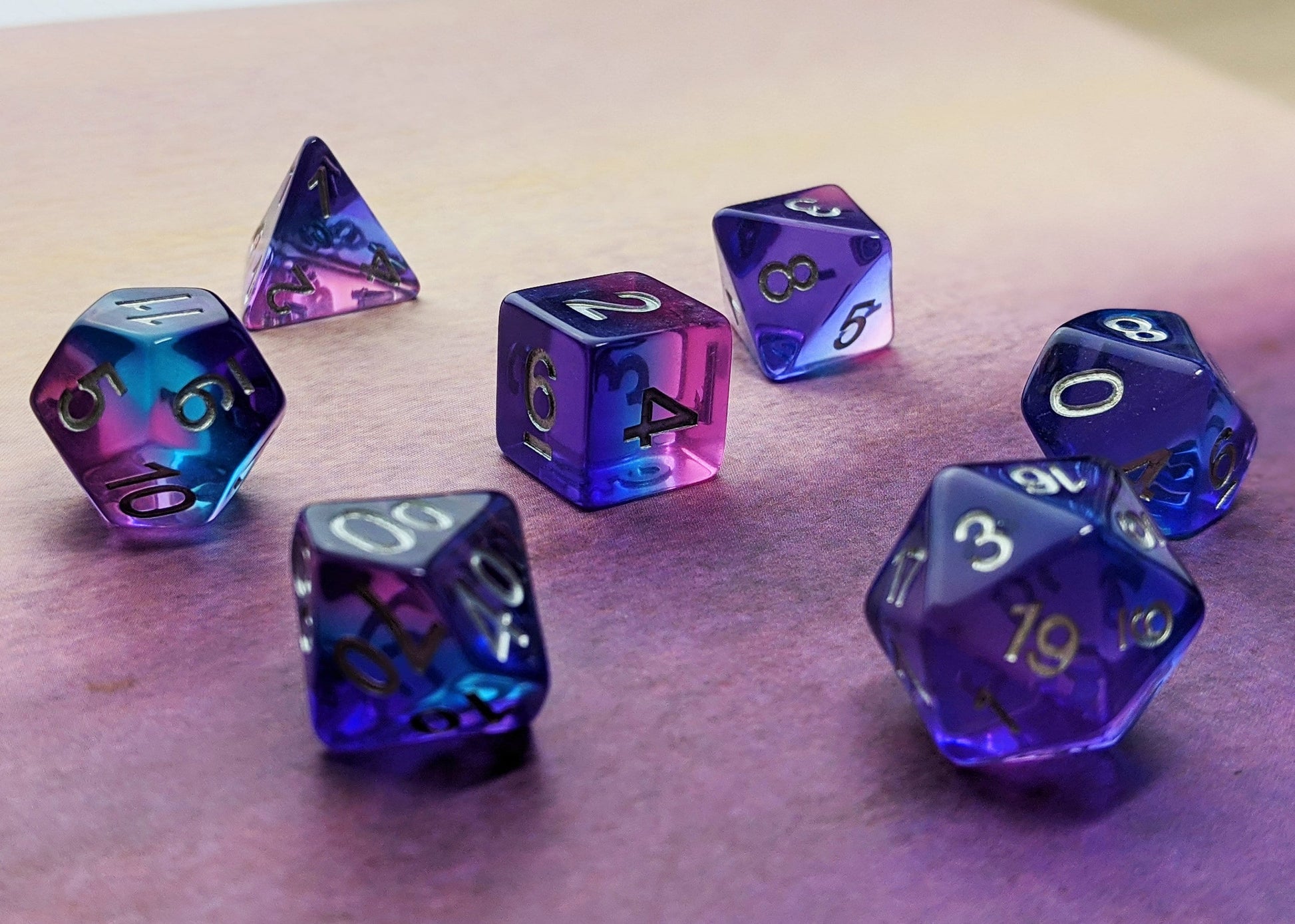 Twilight Sky Polyhedral Dice Set - Layered Translucent Pink Blue Purple Dice