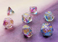 Orion Nebula Polyhedral Dice Set - Clear with Blue and Purple Swirls and micro glitter