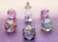 Orion Nebula Polyhedral Dice Set - Clear with Blue and Purple Swirls and micro glitter