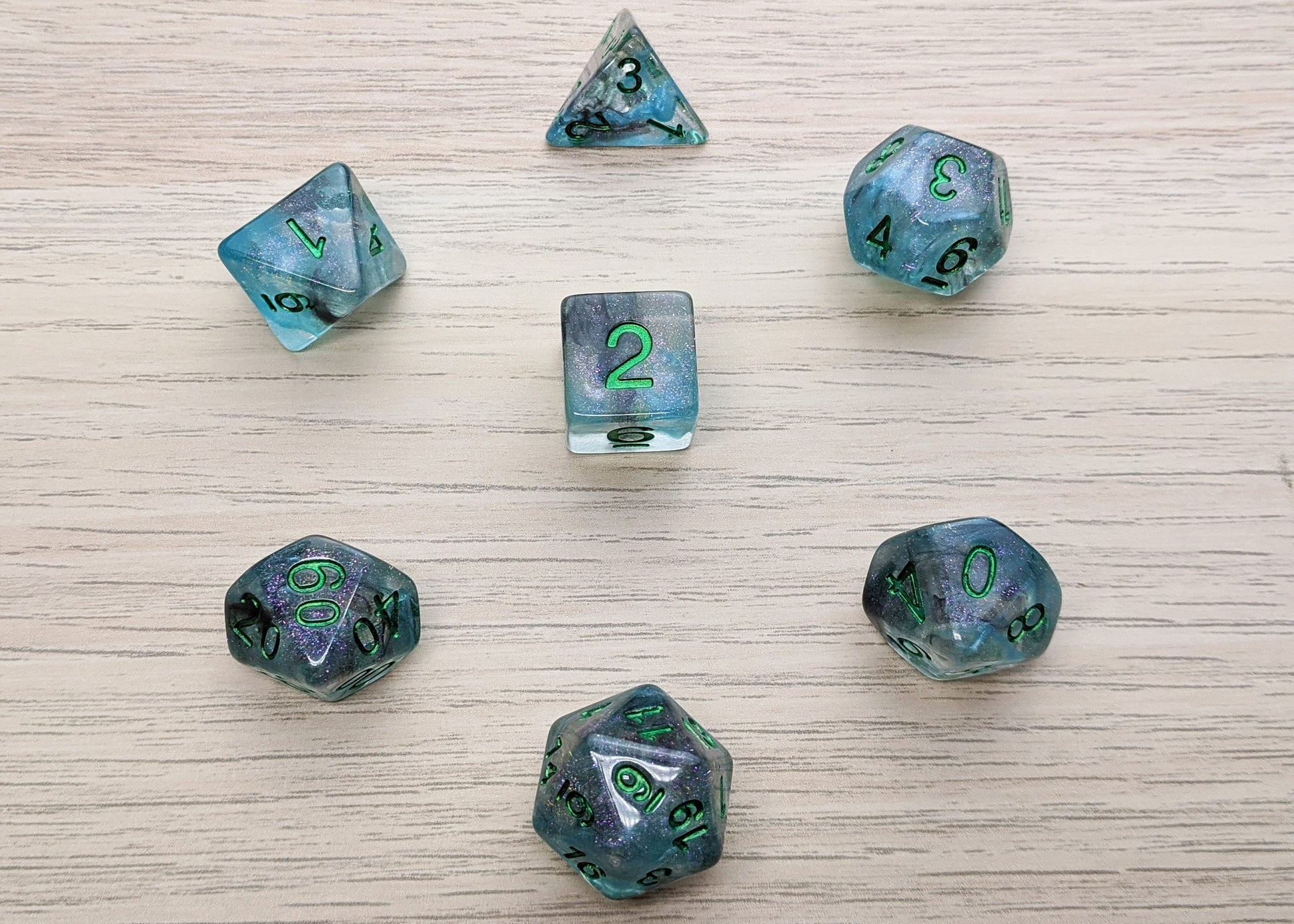 Cyberspace Polyhedral Dice Set - Semi Opaque with Blue and Black Swirls and glitter