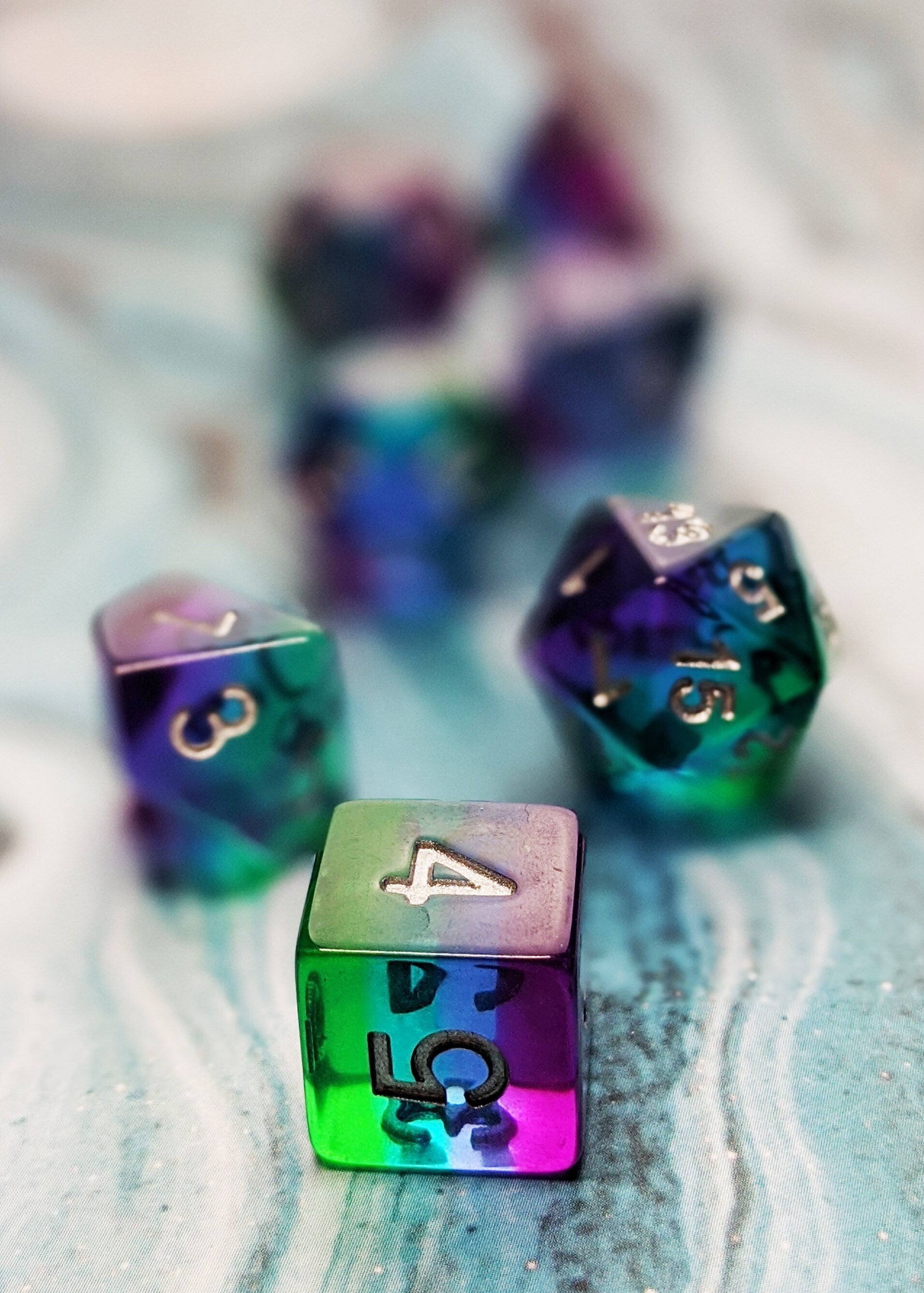 Enchanted Lagoon Polyhedral Dice Set - Transparent Rainbow Purple Green Blue