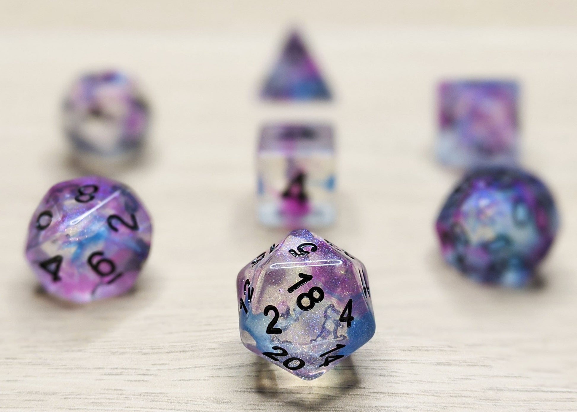 Ceremonial Chrome Polyhedral Dice Set - Clear with Blue and Purple Swirls and micro glitter