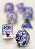 Ceremonial Chrome Polyhedral Dice Set - Clear with Blue and Purple Swirls and micro glitter