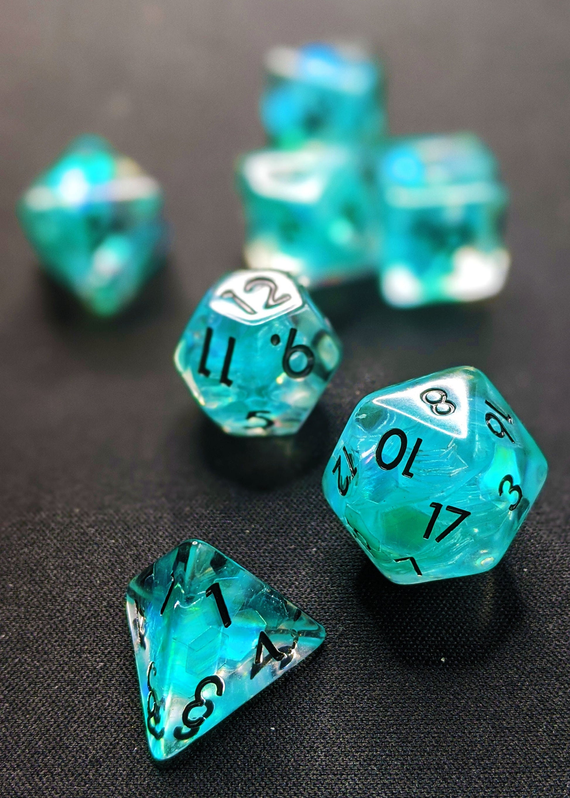 Mermaid Tail Polyhedral Dice Set - Clear Dice with Iridescent Blue Sequins