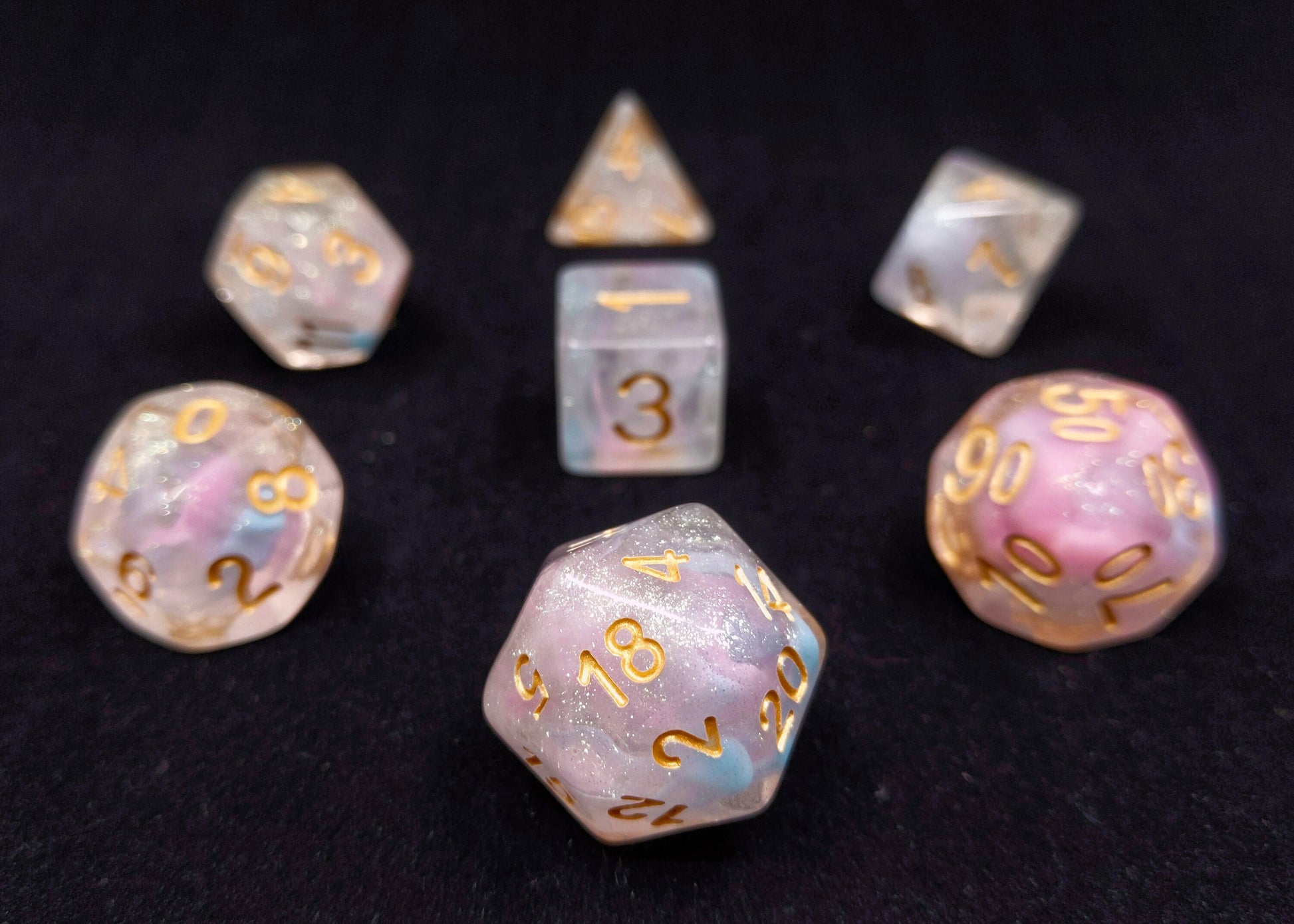 Forget Me Not Polyhedral Dice Set - Clear with Blue and Pink Swirls and micro glitter