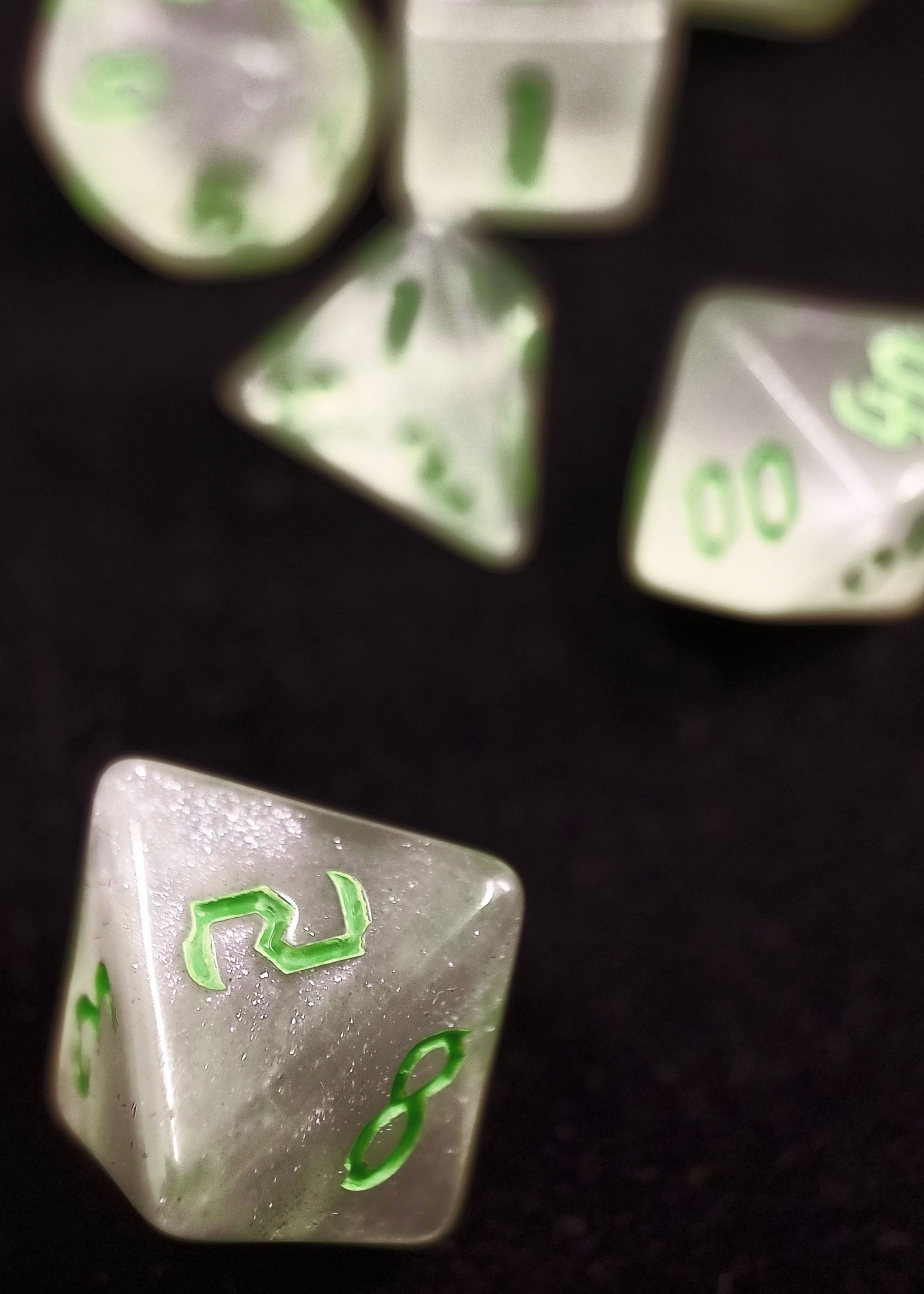 Chaos Green Polyhedral Dice Set - White Semi Translucent Dice with Micro Glitter and Green Numbers