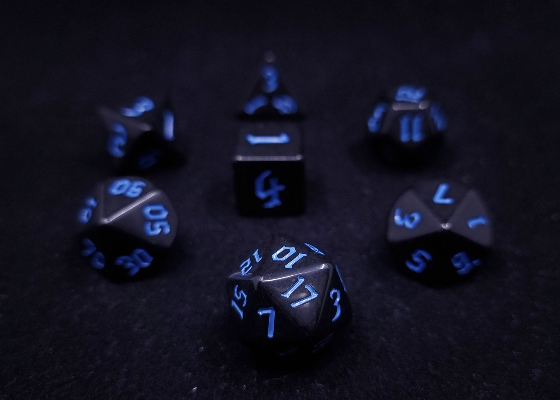 Chondrite Blue Polyhedral Dice Set - Opaque Black Dice with Blue Numbers
