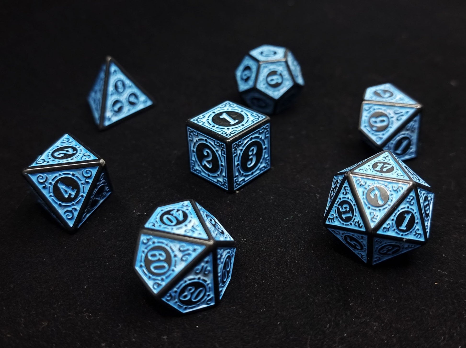 Magic Burst Blue Polyhedral Dice Set - Black Dice with Blue Design