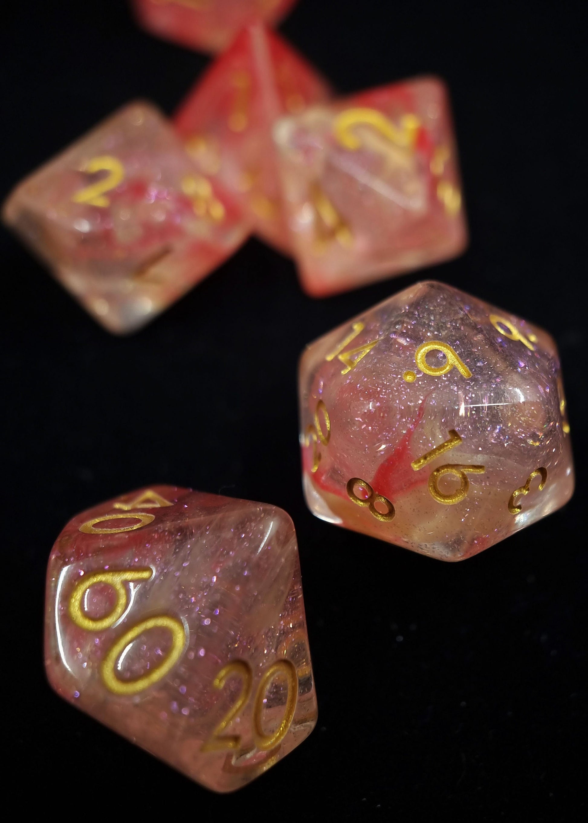 Peach Blossom Polyhedral Dice Set - Clear with light and dark pink swirls and glitter