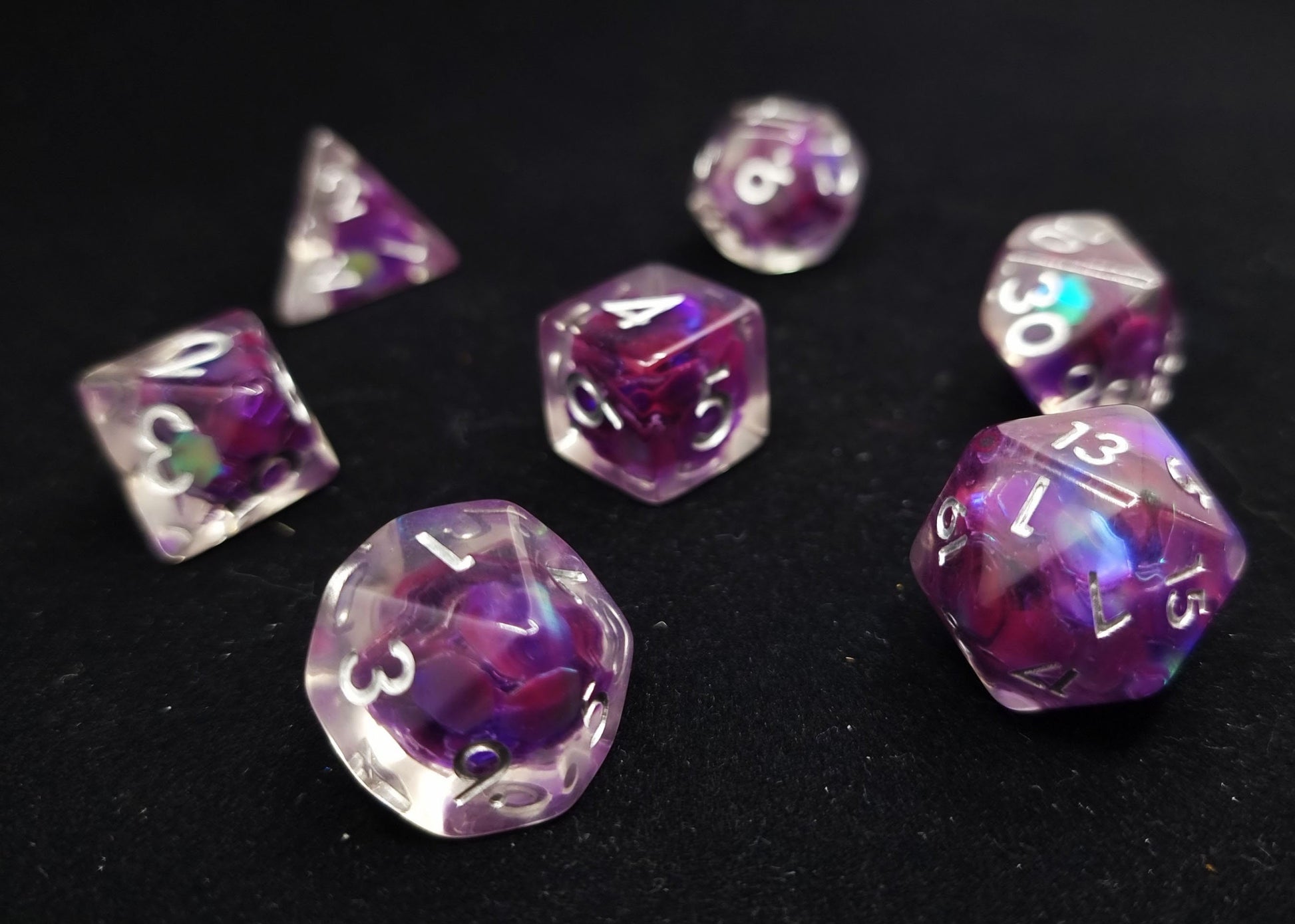 Cabaret Polyhedral Dice Set - Clear Dice with Iridescent Purple Sequins