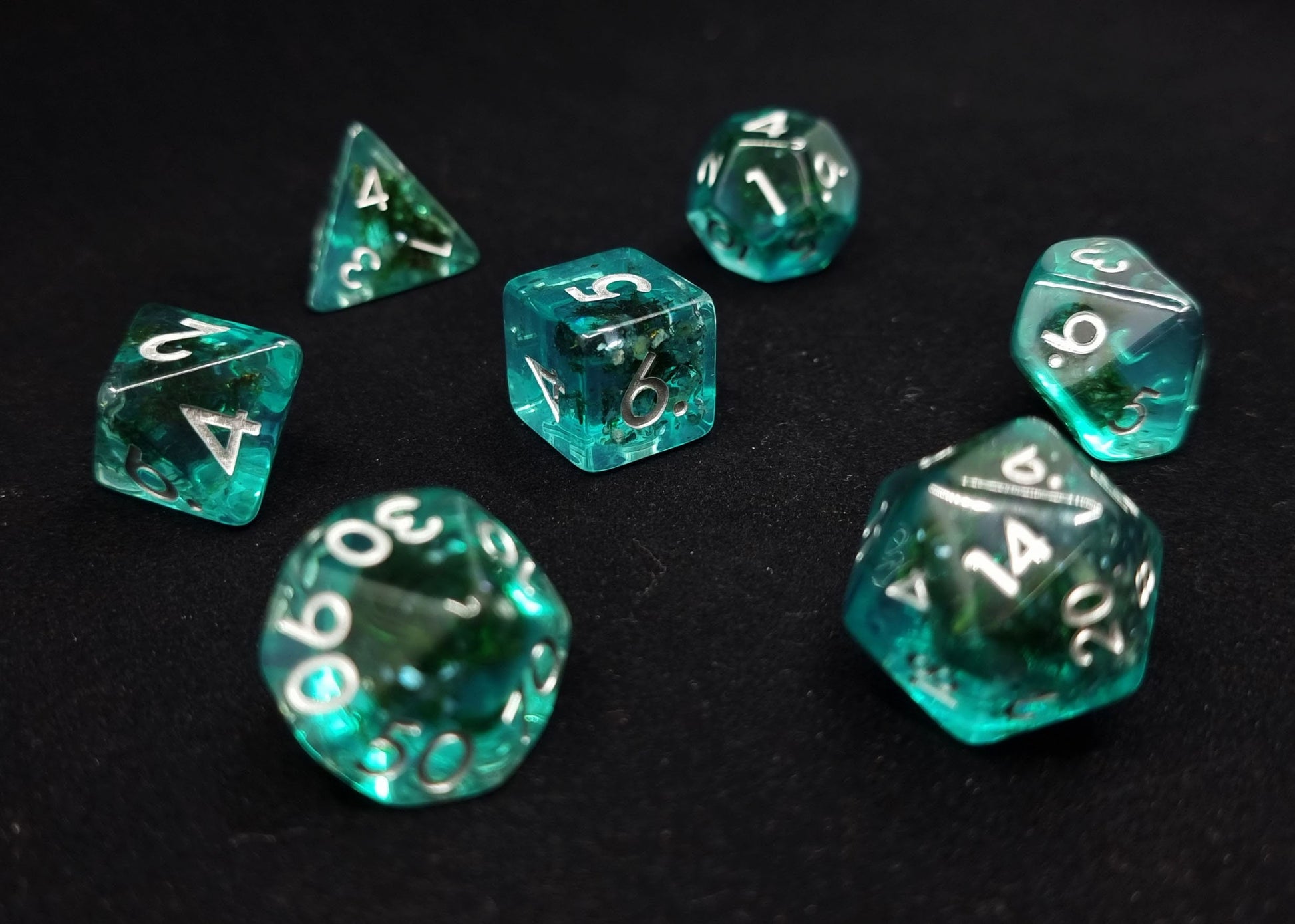 Abyssal Polyhedral Dice Set - Clear Teal Blue Dice with Dark Green "Seaweed"