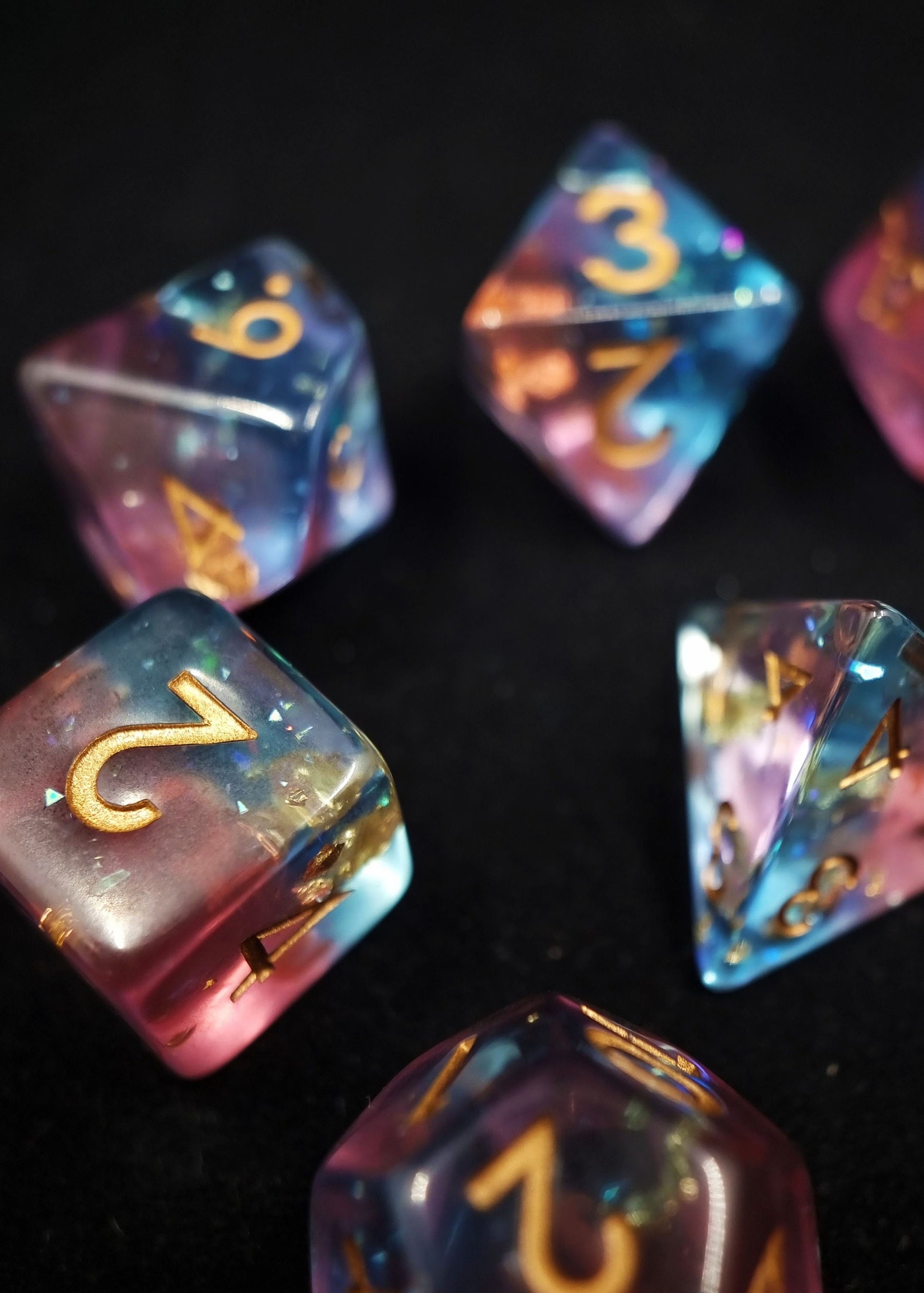 Stratosphere Polyhedral Dice Set - Transparent Layered Pale Red and Blue Dice with Reflect Glitter and Gold Flake