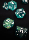 Poseidon's Wrath Polyhedral Dice Set - Translucent Dice with Blue Green Swirl and Green Reflect Glitter