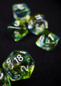 Poisonous Concoction Polyhedral Dice Set - Clear Blue and Green Swirl Dice with Silver Numbers