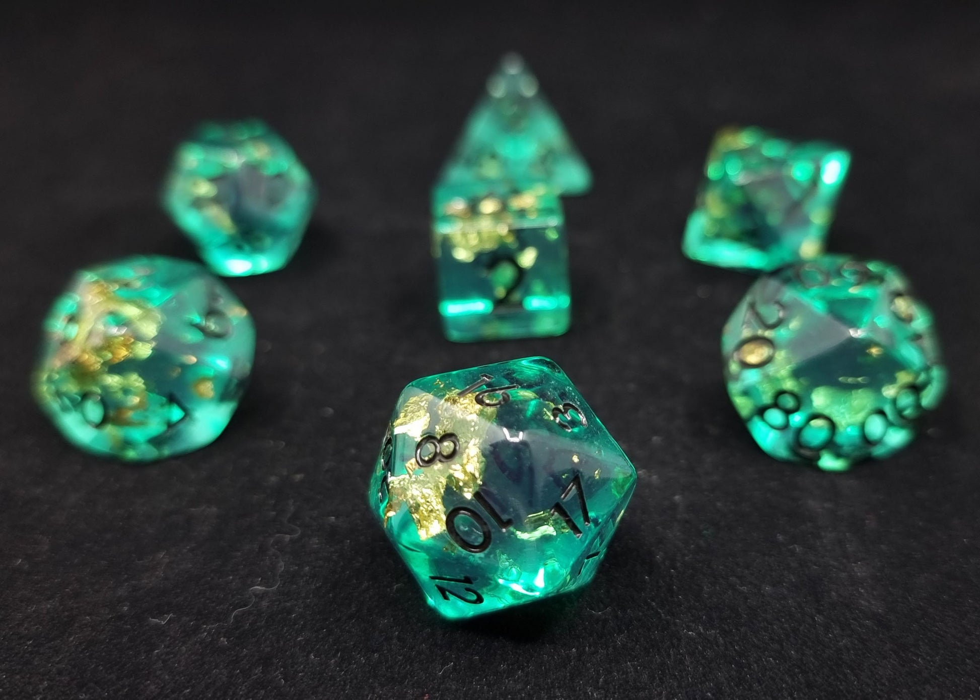Aztec Gold Polyhedral Dice Set - Clear Teal Green Dice with Gold Flake