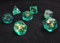 Aztec Gold Polyhedral Dice Set - Clear Teal Green Dice with Gold Flake