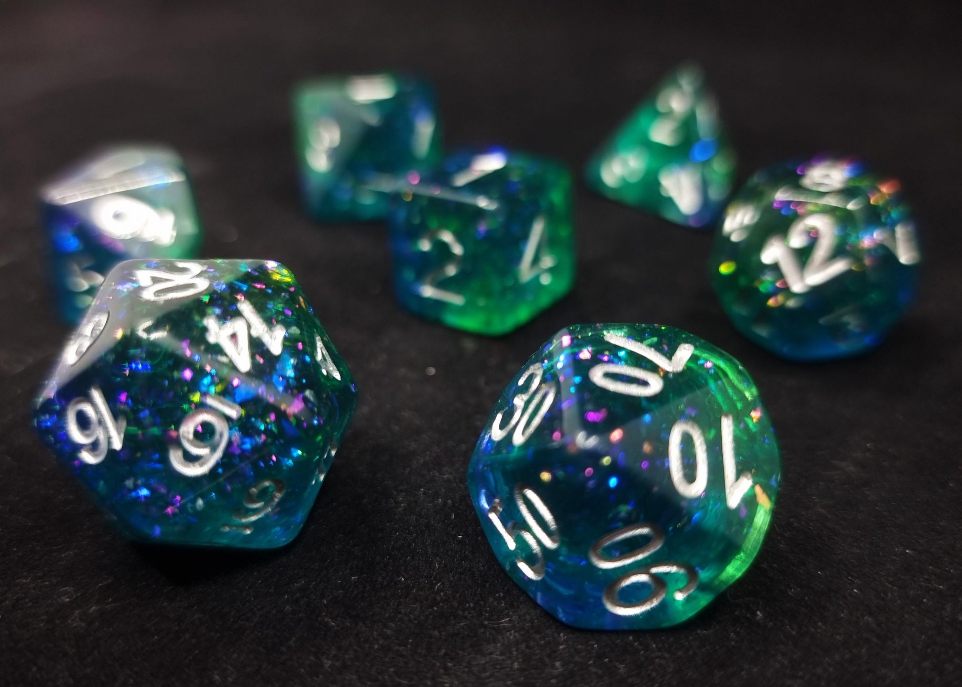 Crystal Lake Polyhedral Dice Set - Translucent Blue Green with Glitter