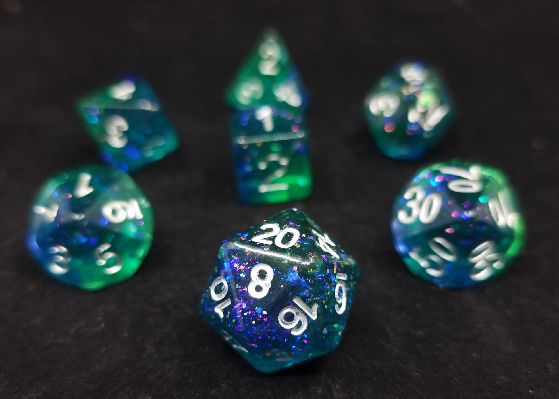 Crystal Lake Polyhedral Dice Set - Translucent Blue Green with Glitter