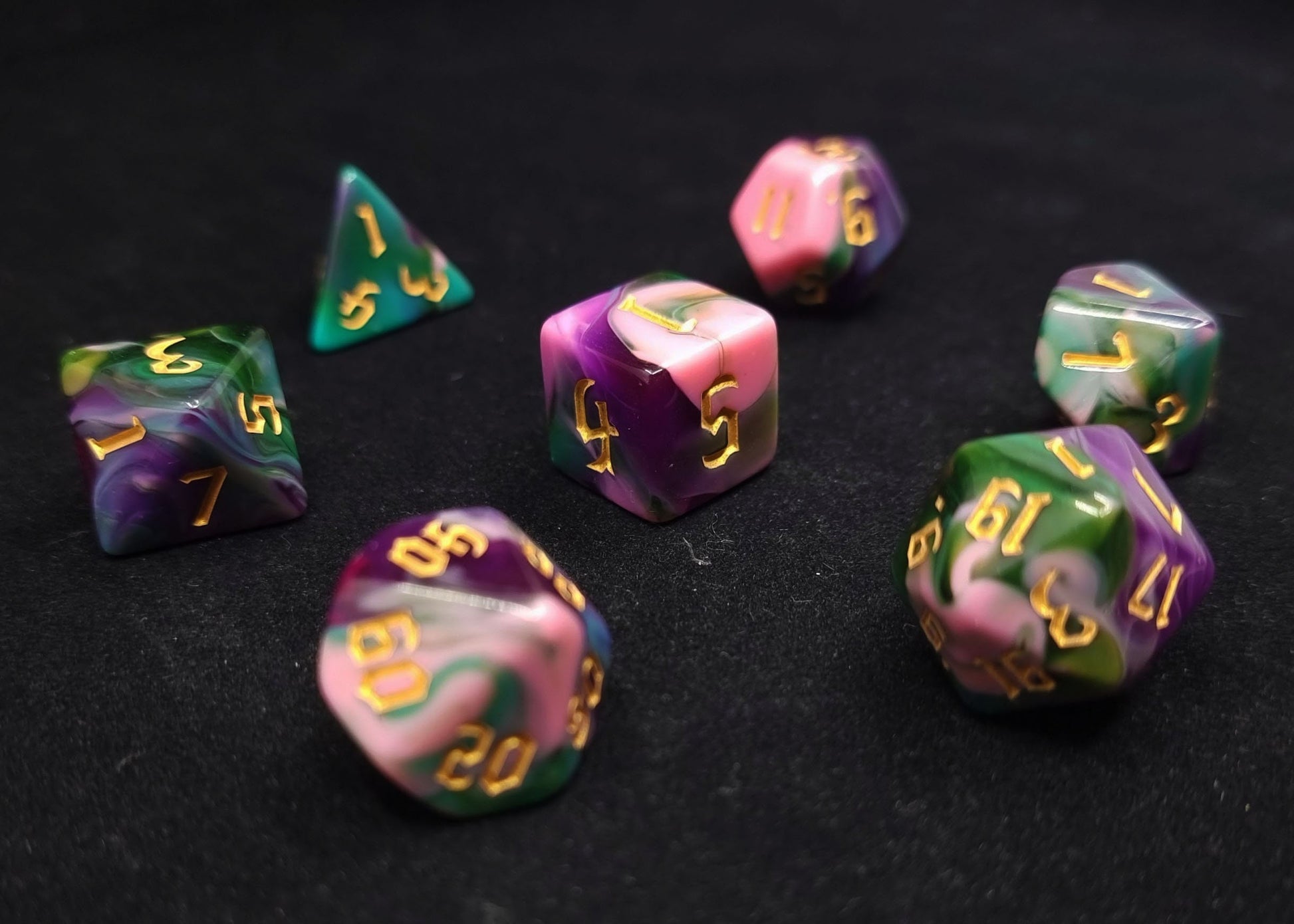 Night Elf Polyhedral Dice Set - Opaque Blue Green Pink Purple Swirl