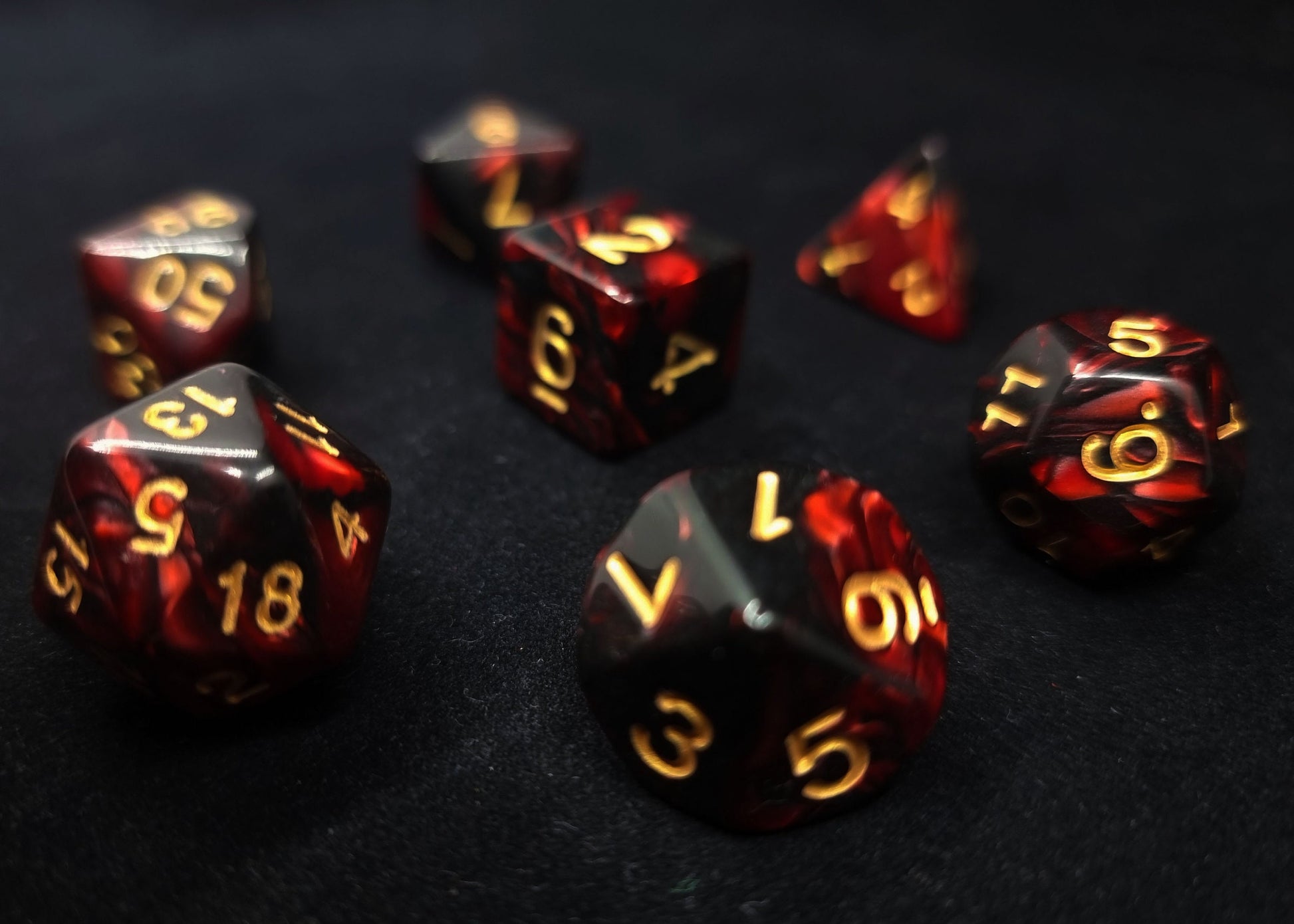 Brimstone Polyhedral Dice Set - Red and Black Marble with Gold Numbers
