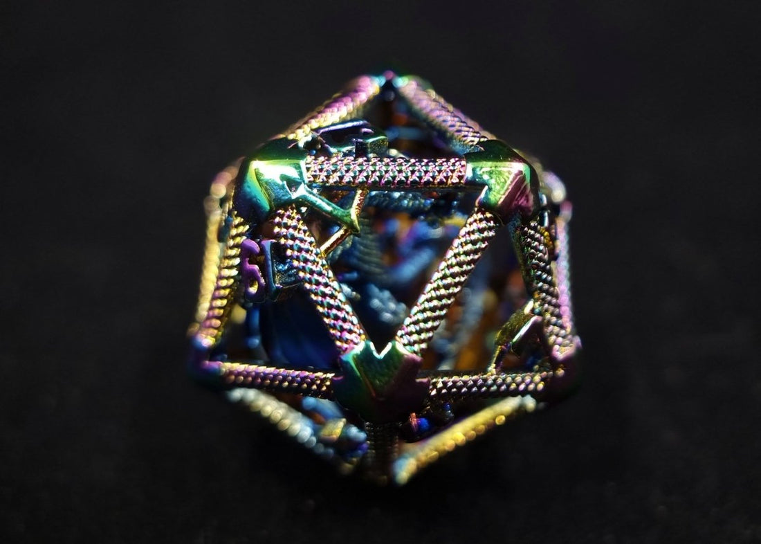 Rainbow Chrome Caged Dragon D20 Metal Dice - Roll With Advantage