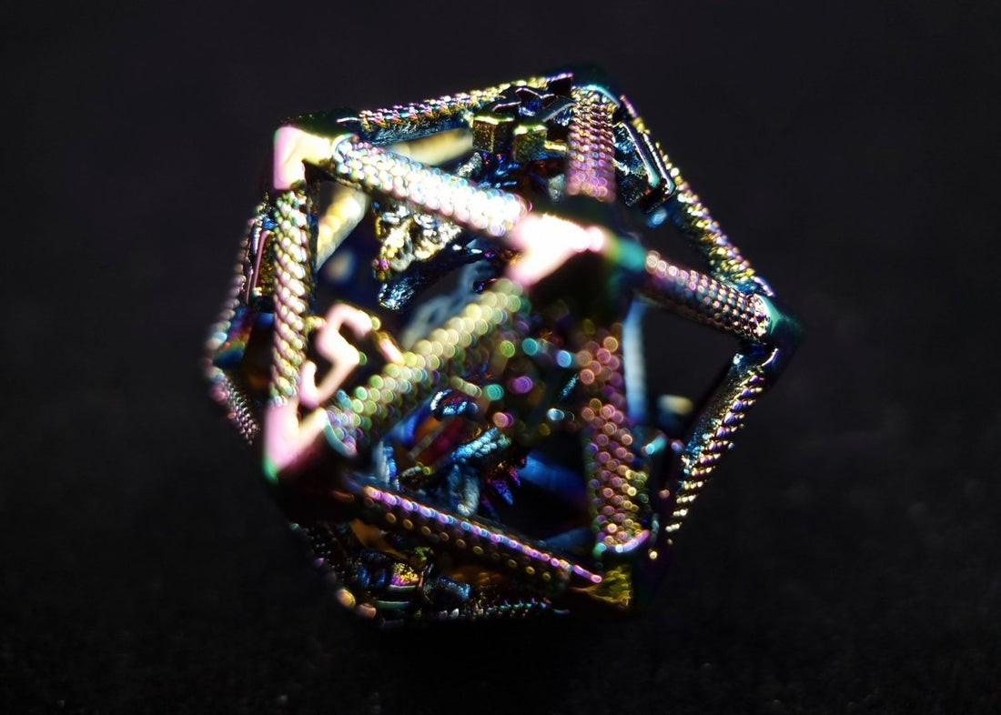 Rainbow Chrome Caged Dragon D20 Metal Dice - Roll With Advantage