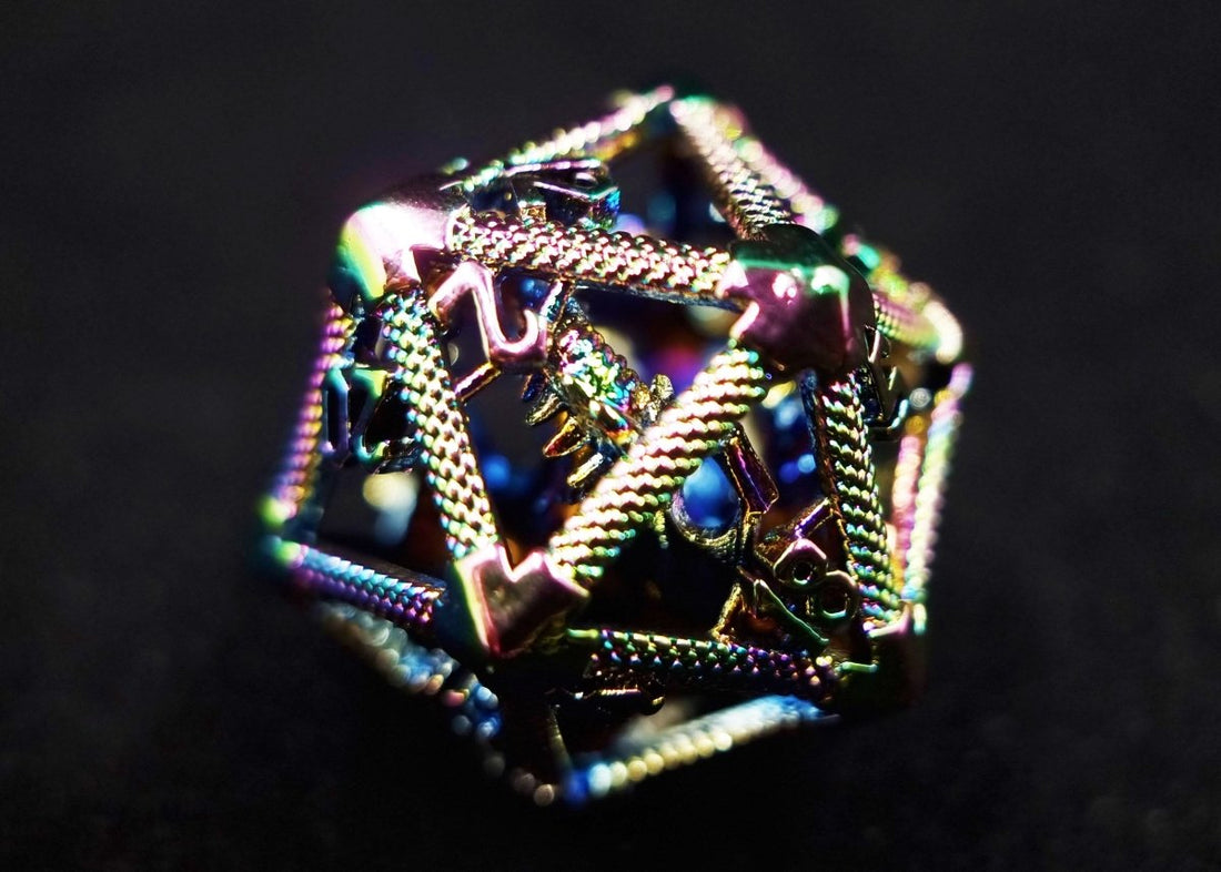 Rainbow Chrome Caged Dragon D20 Metal Dice - Roll With Advantage