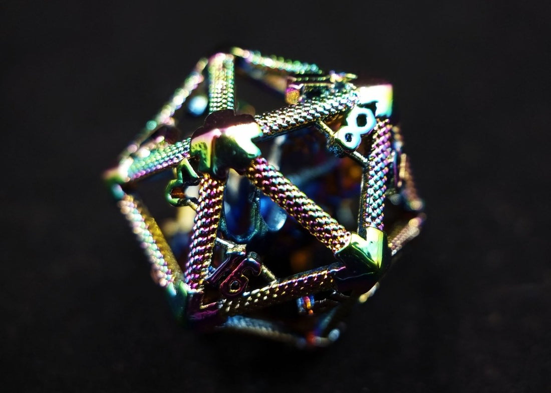 Rainbow Chrome Caged Dragon D20 Metal Dice - Roll With Advantage
