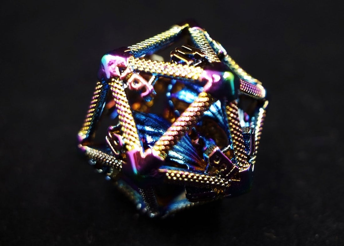 Rainbow Chrome Caged Dragon D20 Metal Dice - Roll With Advantage