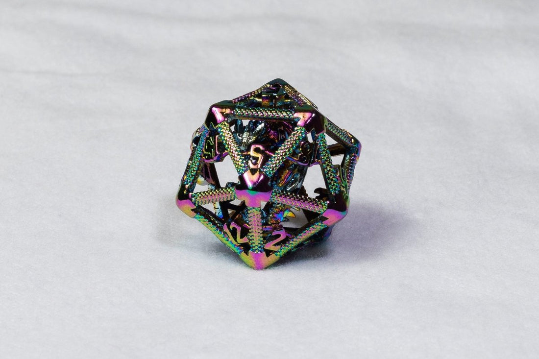 Rainbow Chrome Caged Dragon D20 Metal Dice - Roll With Advantage